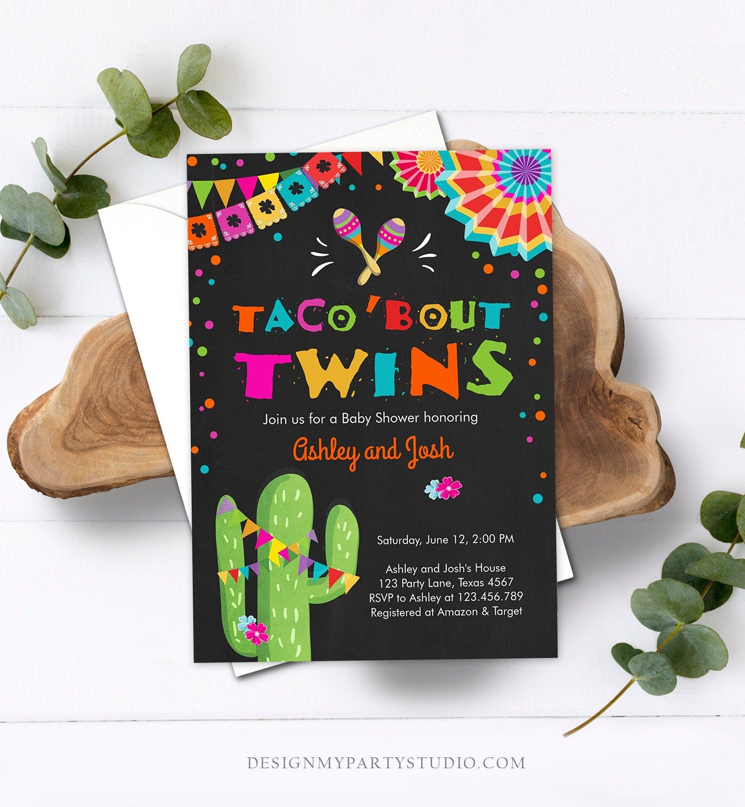 Editable Taco Bout Twins Baby Shower Invitation Cactus Chalk Mexican Fiesta Couples Shower Digital Download Evite Template Printable 0045