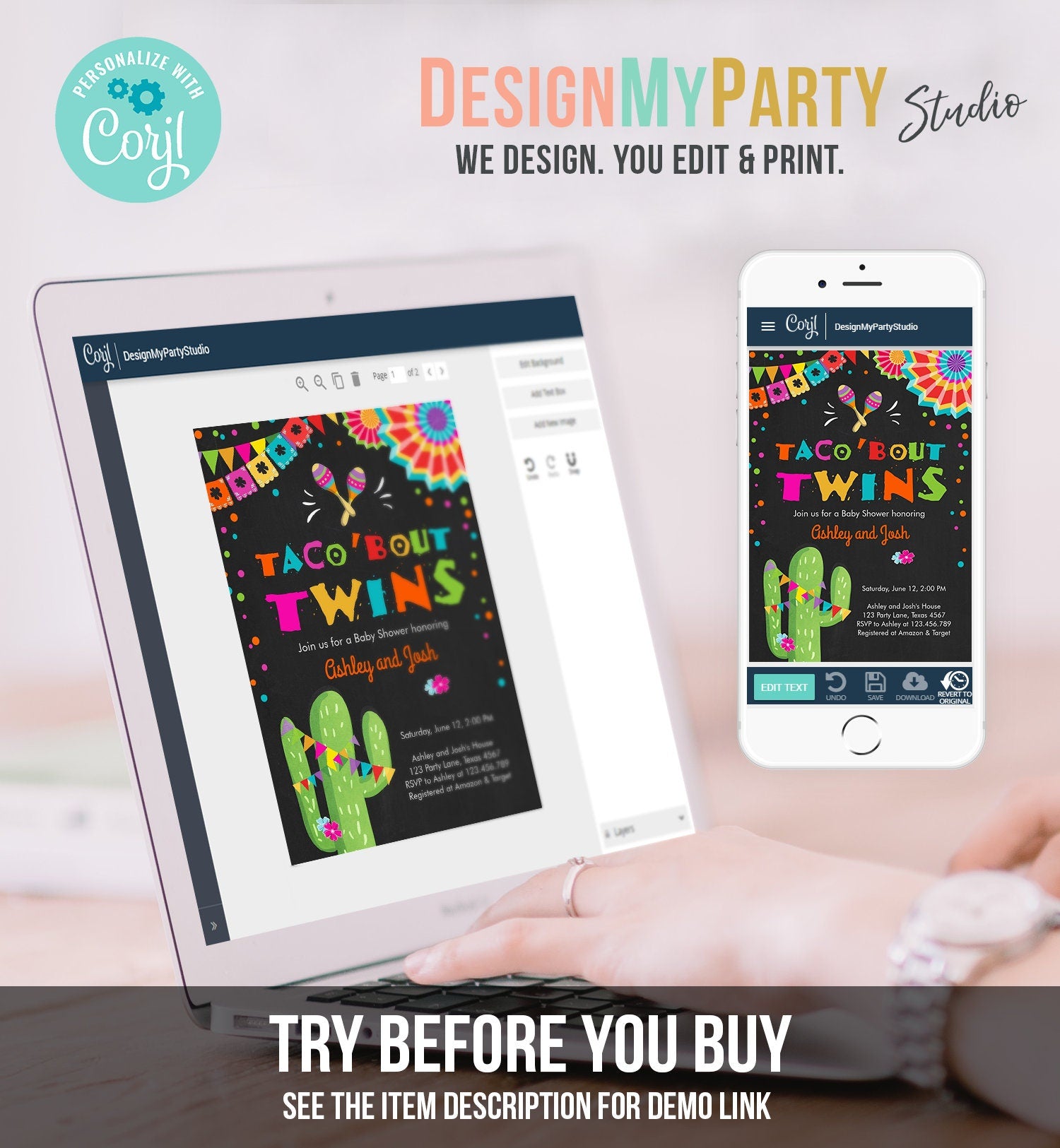 Editable Taco Bout Twins Baby Shower Invitation Cactus Chalk Mexican Fiesta Couples Shower Digital Download Evite Template Printable 0045