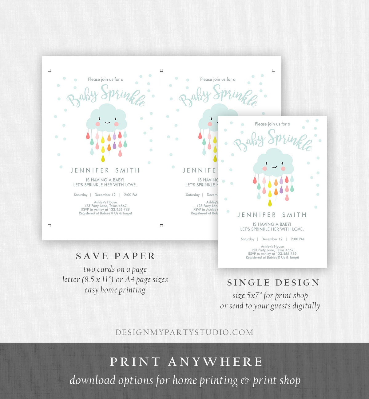Editable Cloud Baby Sprinkle Invitation Raindrop Sprinkle with Love Rain Drops Neutral Digital Download Evite Template Printable 0036
