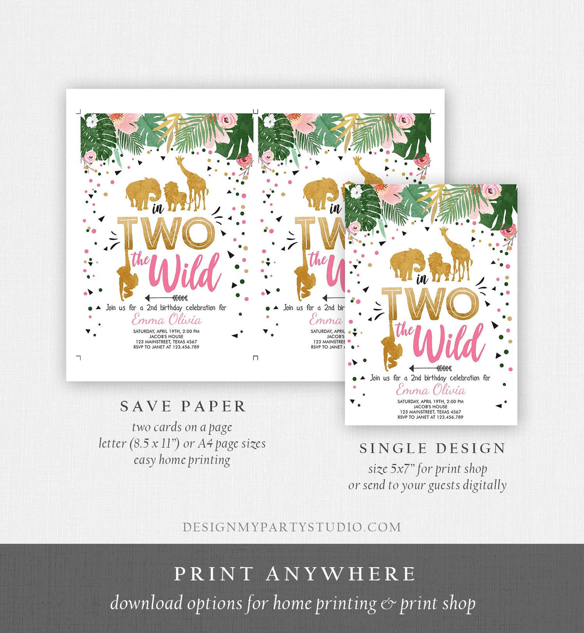 Editable In Two the Wild Birthday Invitation Girl Pink Gold Safari Animals Jungle Second Birthday 2nd Download Printable Corjl Template 0016