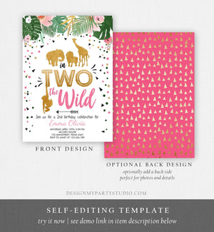 Editable In Two the Wild Birthday Invitation Girl Pink Gold Safari Animals Jungle Second Birthday 2nd Download Printable Corjl Template 0016