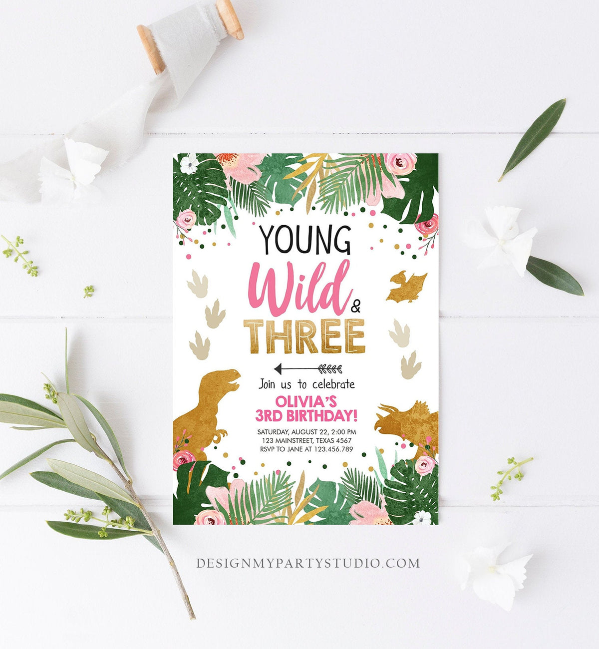 Editable Young Wild and Three Dinosaur Birthday Invitation Dinosaur Party Girl Pink Gold Third Birthday 3rd TRex Template Digital Evite 0146