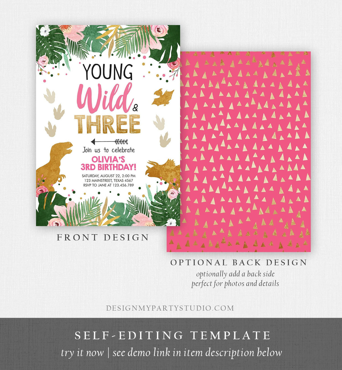 Editable Young Wild and Three Dinosaur Birthday Invitation Dinosaur Party Girl Pink Gold Third Birthday 3rd TRex Template Digital Evite 0146
