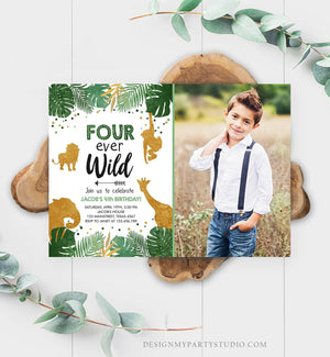 Editable Fourever Wild Birthday Invitation Safari Animals Jungle Zoo Party Boy Gold Fourth Birthday 4th Four Printable Corjl Template 0016