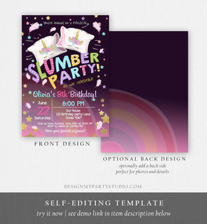 Editable Unicorn Slumber Party Birthday Invitation Sleepover Pyjamas Girl Pink Gold Rainbow Gold Download Printable Corjl Template 0328