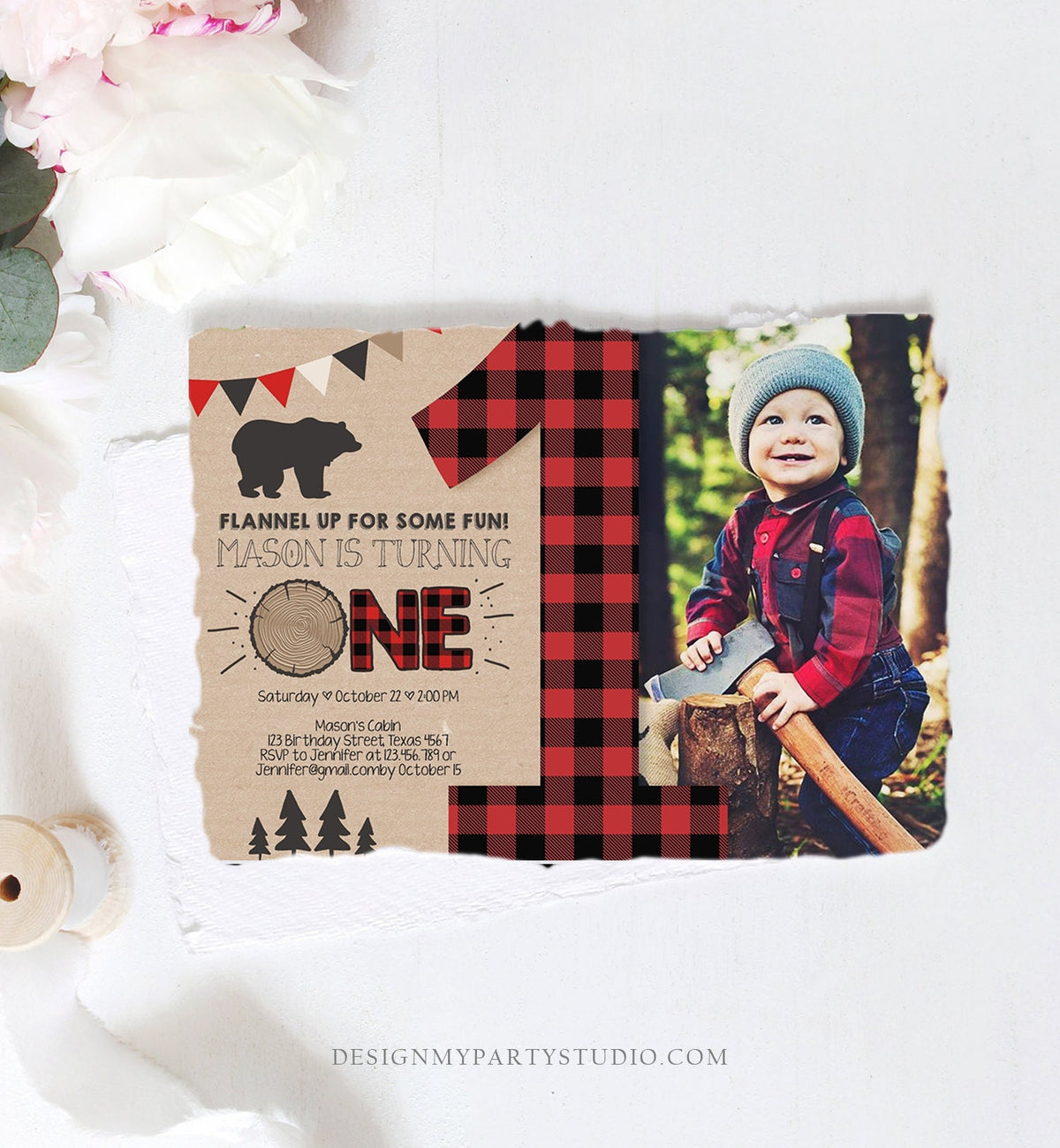 Editable Lumberjack Birthday Invitation First Birthday 1st Boy Woodland Bear Forest Red Black Plaid Rustic Digital Template Printable 0026