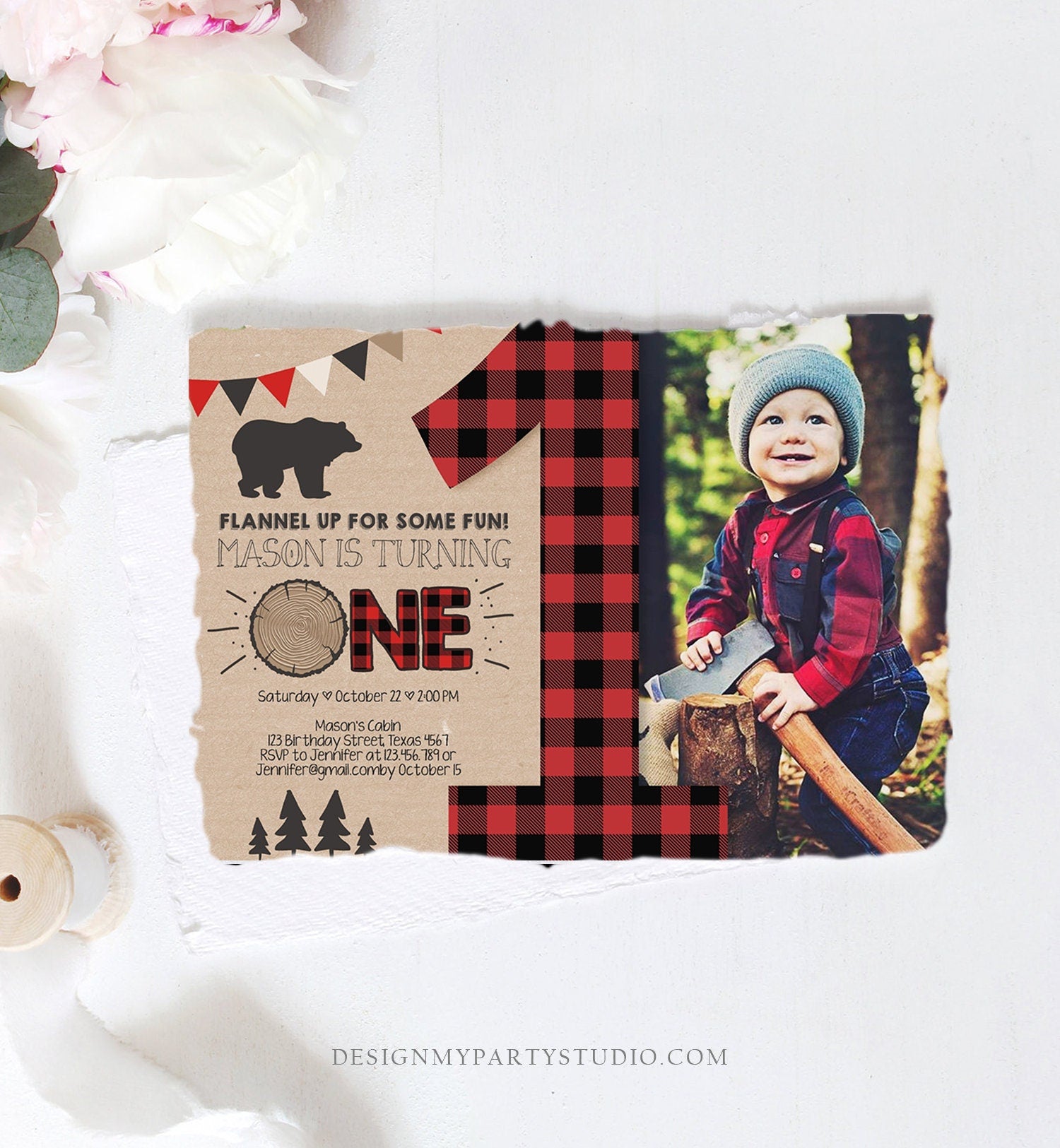 Editable Lumberjack Birthday Invitation First Birthday 1st Boy Woodland Bear Forest Red Black Plaid Rustic Digital Template Printable 0026
