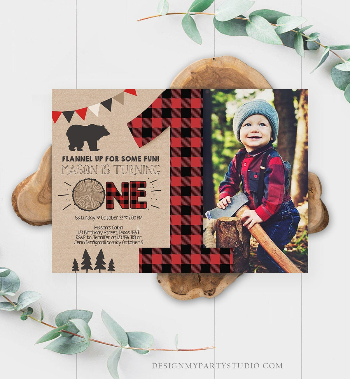 Editable Lumberjack Birthday Invitation First Birthday 1st Boy Woodland Bear Forest Red Black Plaid Rustic Digital Template Printable 0026