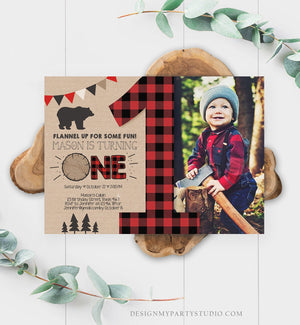 Editable Lumberjack Birthday Invitation First Birthday 1st Boy Woodland Bear Forest Red Black Plaid Rustic Printable Corjl Template 0026