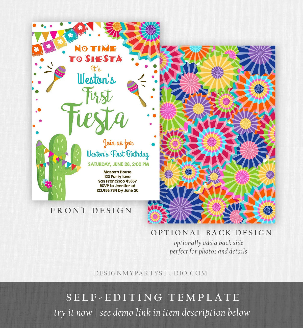 Editable First Fiesta Birthday Invitation Let&#39;s Fiesta No Time To Siesta Cactus Mexican Boy Cactus Digital Download Template Printable 0045