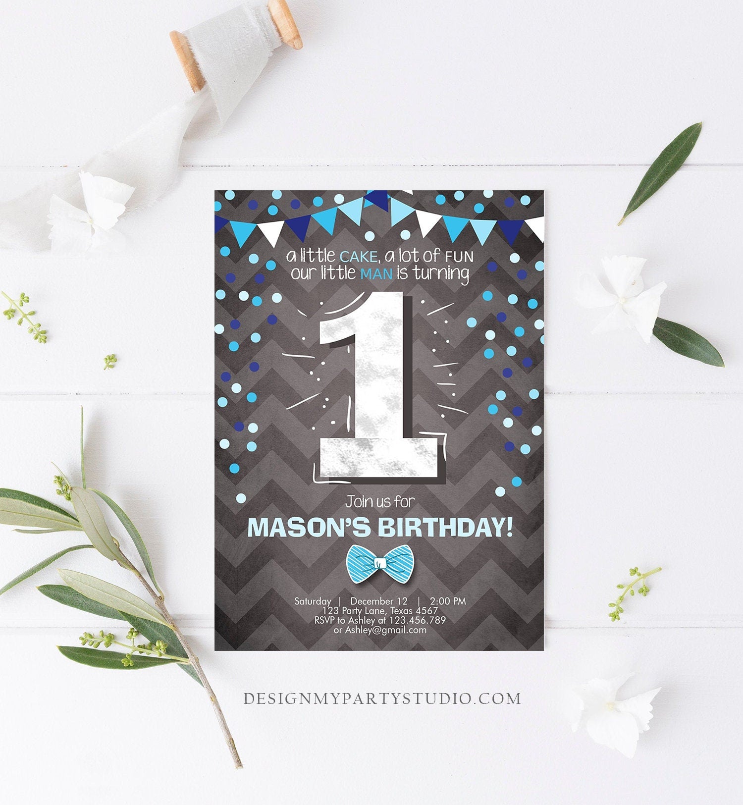 Editable Mr Onederful First Birthday Invitation Boy One Navy Blue Bow Tie Confetti Boy 1st Digital Download Evite Template Printable 0071