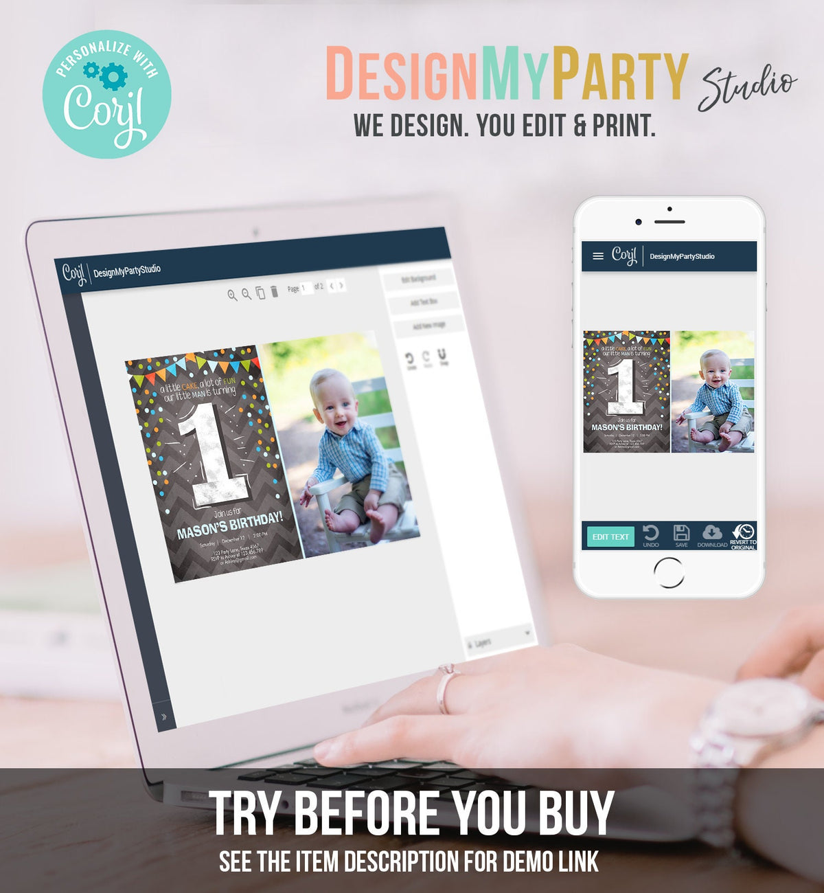 Editable First Birthday Invitation Boy One Green Blue Chalk Confetti Boy 1st Birthday Digital Download Template Evite Printable 0071