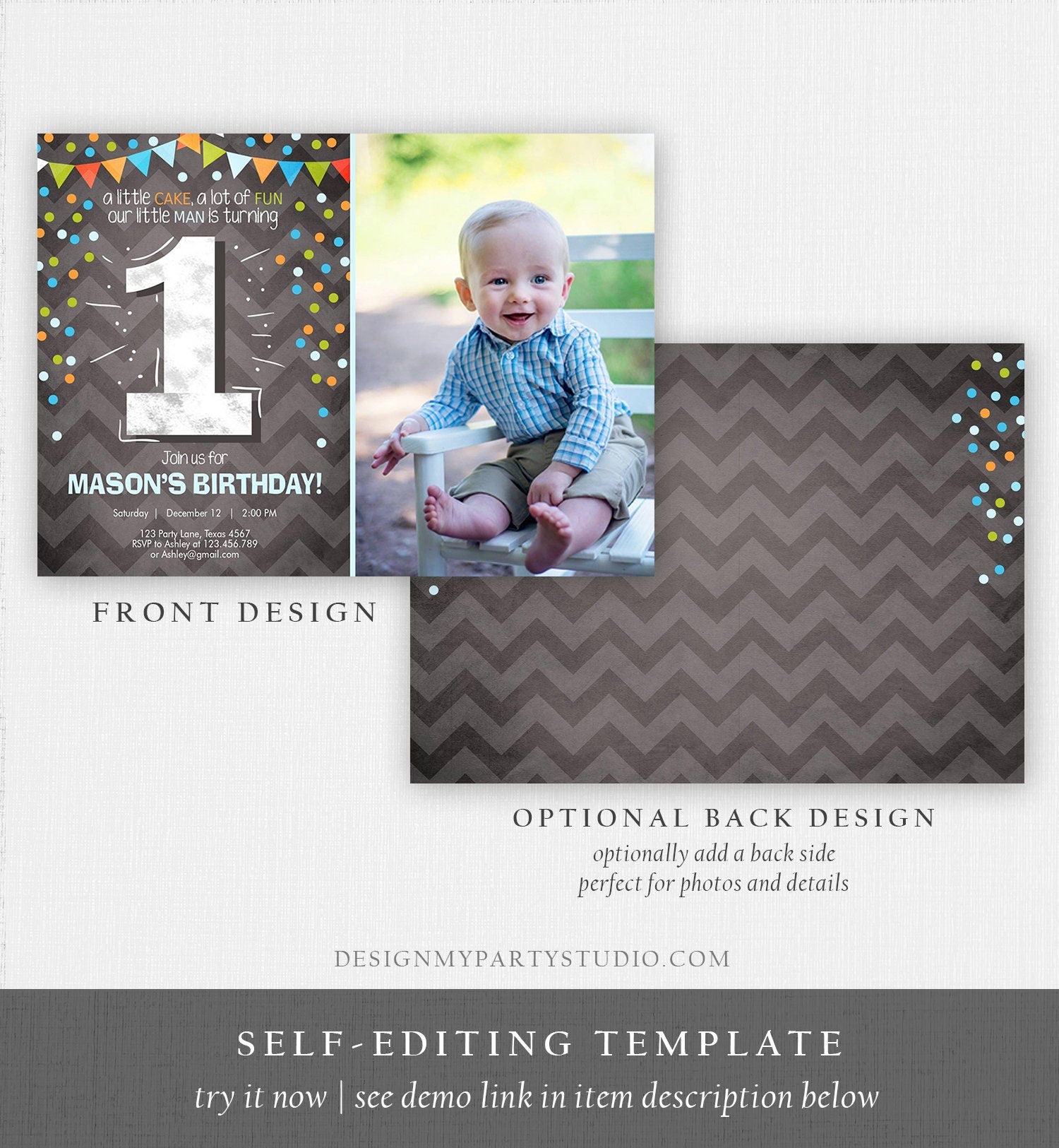 Editable First Birthday Invitation Boy One Green Blue Chalk Confetti Boy 1st Birthday Digital Download Template Evite Printable 0071