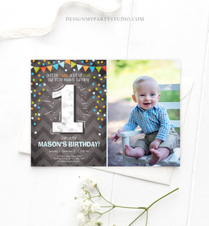 Editable First Birthday Invitation Boy One Green Blue Chalk Confetti Boy 1st Birthday Download Printable Invitation Template Corjl 0071