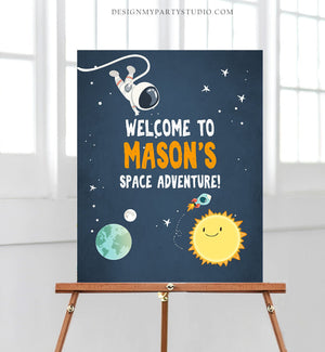 Editable Outer Space Astronaut Welcome Sign Birthday Baby Shower Welcome 1st Birthday Boy Space Adventure Template PRINTABLE Corjl 0046