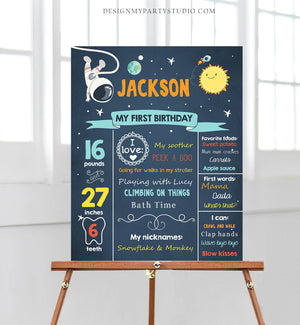 Editable Outer Space Birthday Milestones Sign Astronaut Birthday Chalkboard Boy 1st Birthday Space Rocket Template Printable Corjl 0046