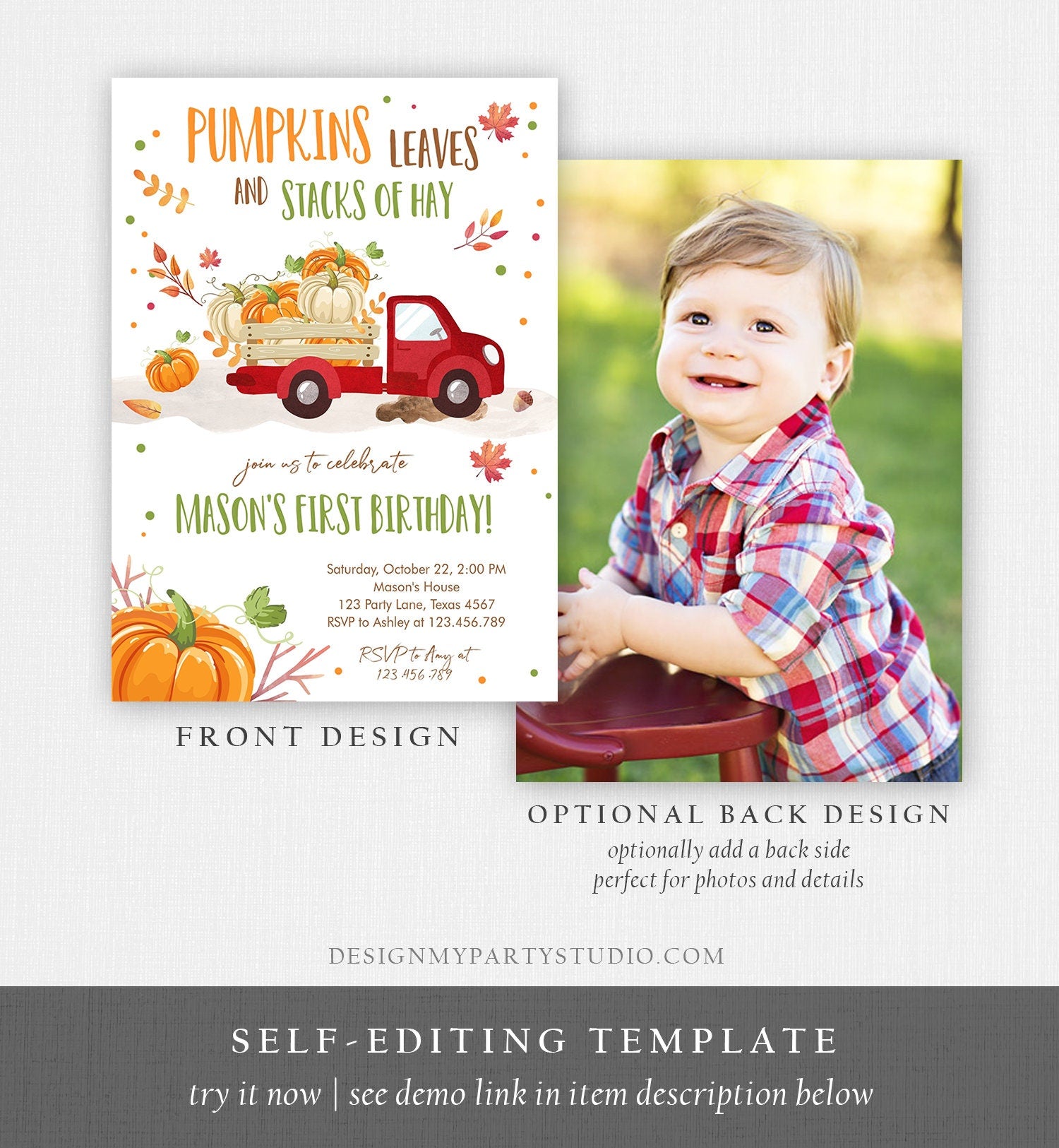 Editable Pumpkin Birthday Invitation Boy Fall Pumpkin Truck Birthday Party Red Orange Green Download Evite Corjl Template Printable 0153