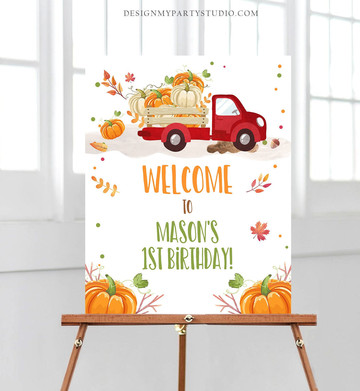 Editable Pumpkin Welcome Sign Pumpkin Truck Birthday Fall Baby Shower Fall Party Welcome 1st Birthday Boy Corjl Template Printable 0153
