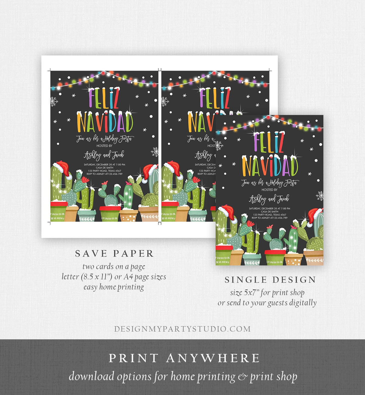 Editable Feliz Navidad Christmas Fiesta Invitation Cactus Mexican Holiday Fiesta Xmas Party Digital Download Evite Template Printable 0273