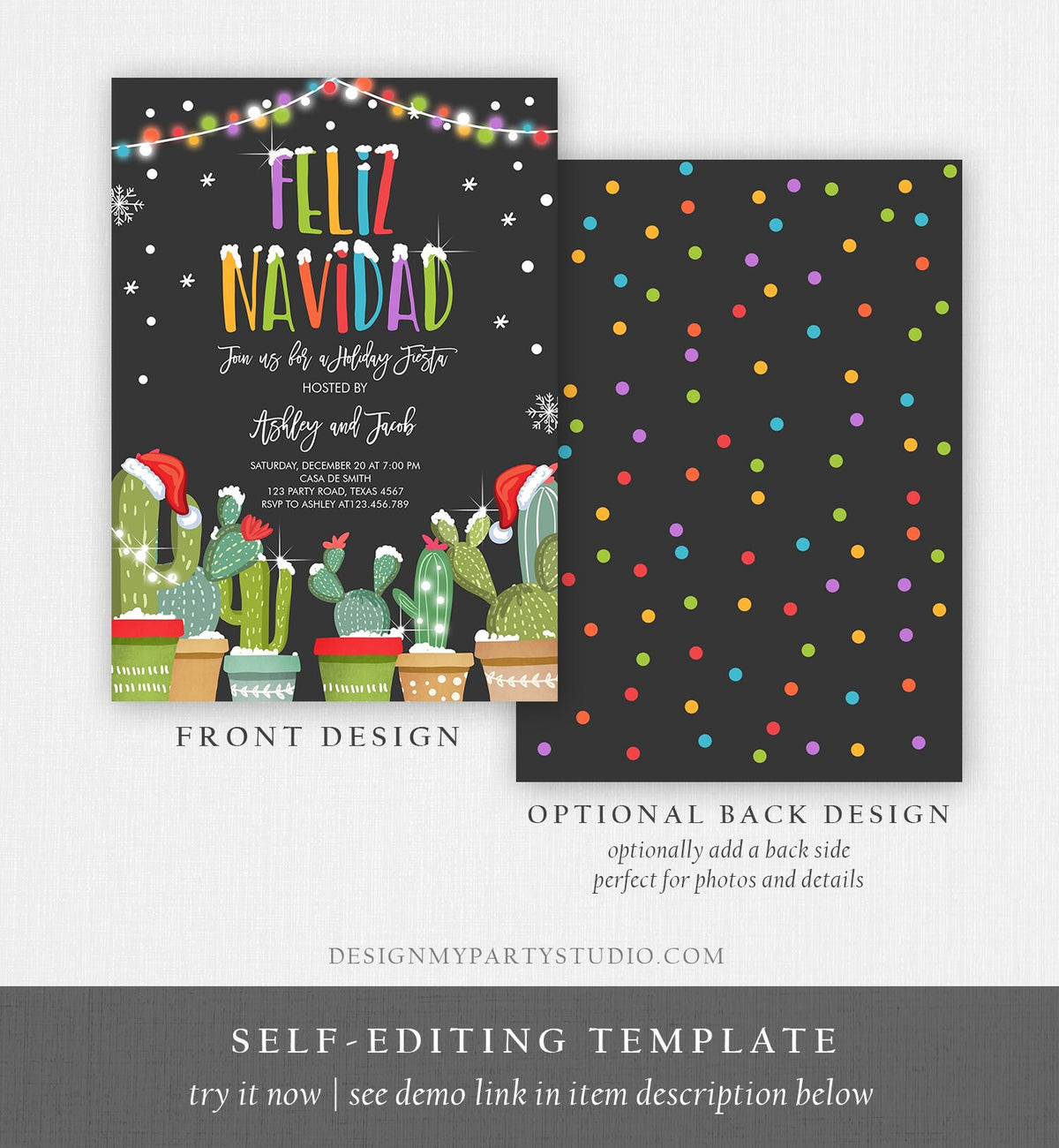 Editable Feliz Navidad Christmas Fiesta Invitation Cactus Mexican Holiday Fiesta Xmas Party Digital Download Evite Template Printable 0273
