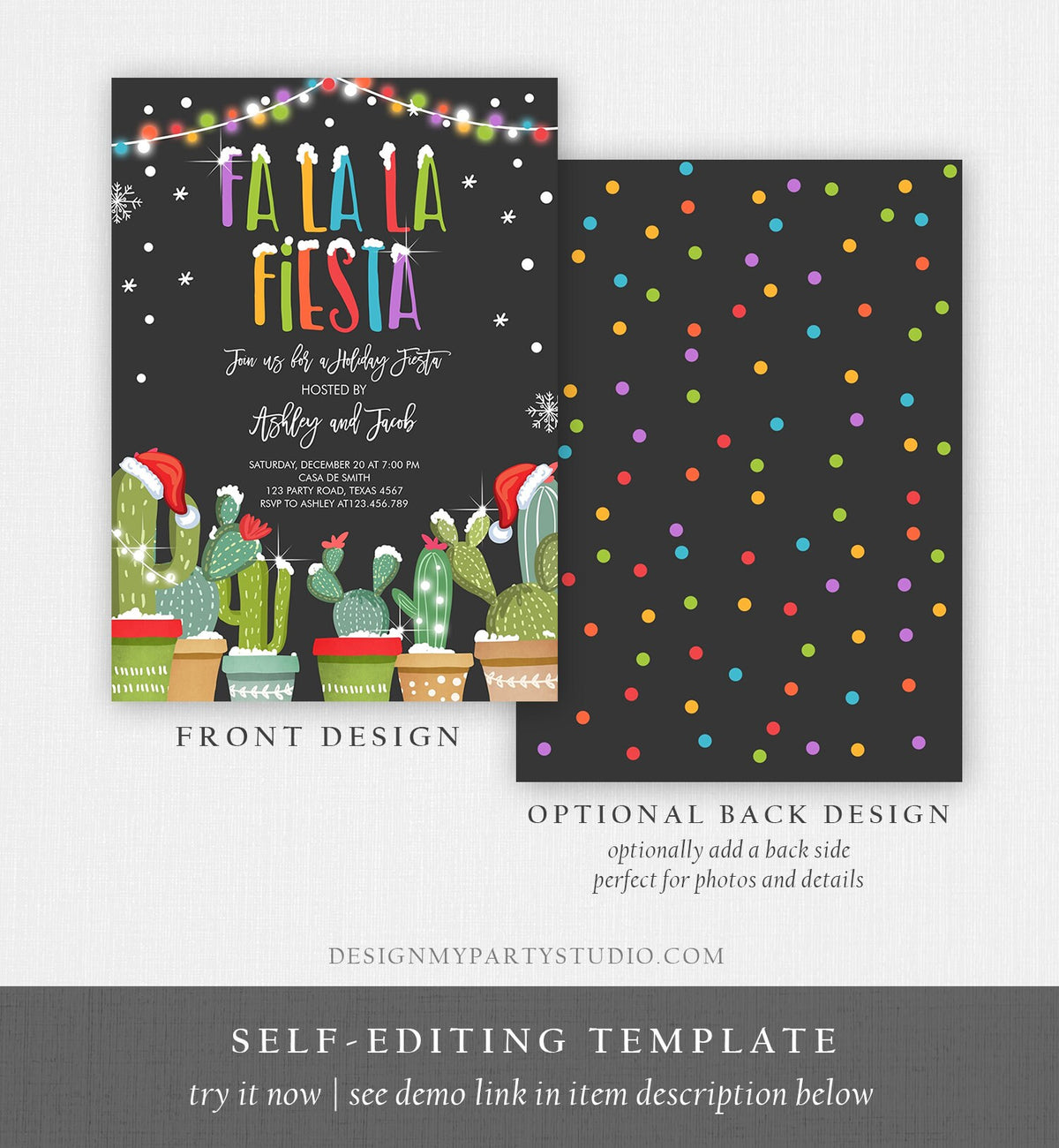 Editable Fa La La Christmas Fiesta Invitation Cactus Mexican Holiday Fiesta Fa La La Fiesta Party Digital Download Template Printable 0273