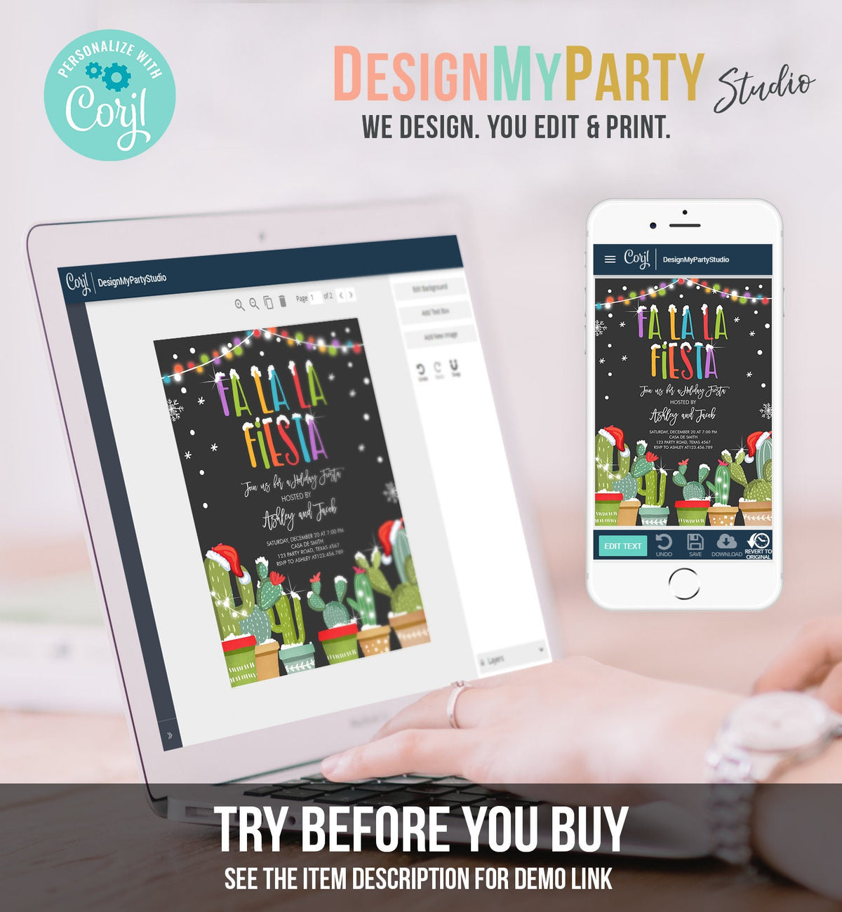 Editable Fa La La Christmas Fiesta Invitation Cactus Mexican Holiday Fiesta Fa La La Fiesta Party Digital Download Template Printable 0273