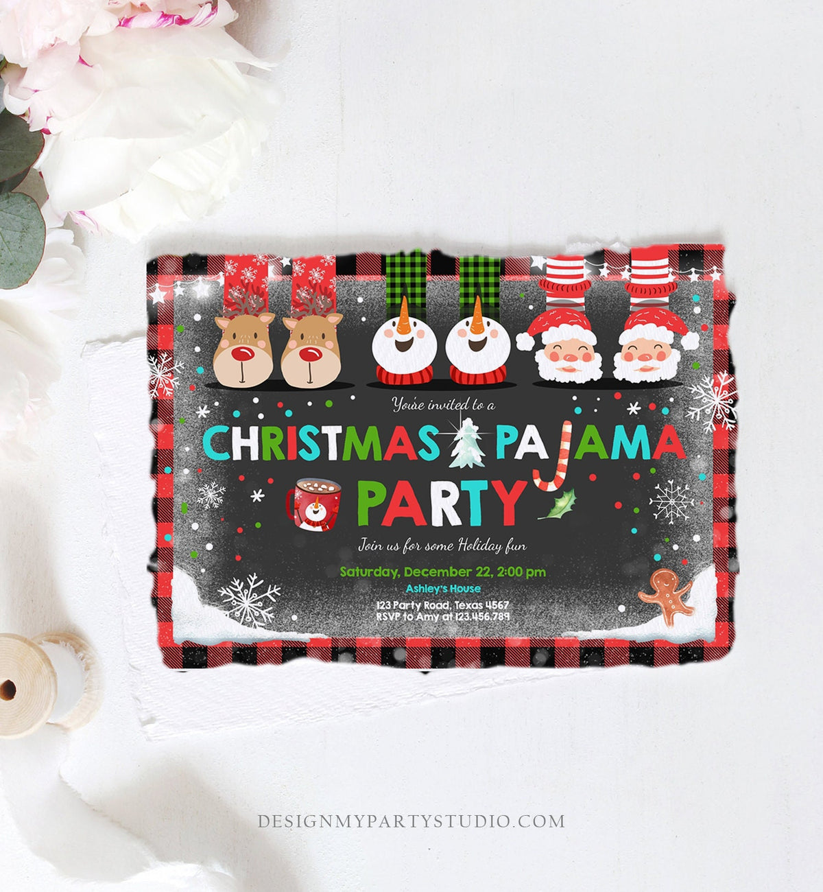 Editable Christmas Pajama Party Christmas Birthday Invitation Pancake Plaid Party Sleepover Digital Download Evite Template Printable 0274