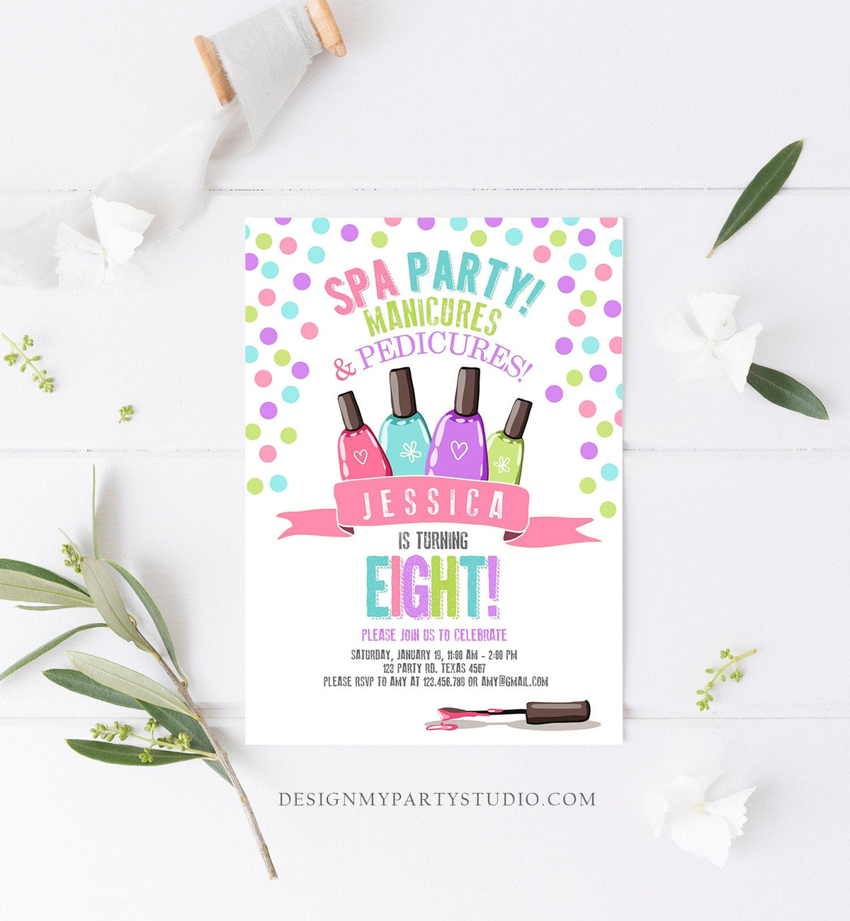Editable Spa Birthday Invitation Manicures Pedicure Nail Salon Party Pink Purple Girl Instant Download Printable Corjl Template Digital 0210