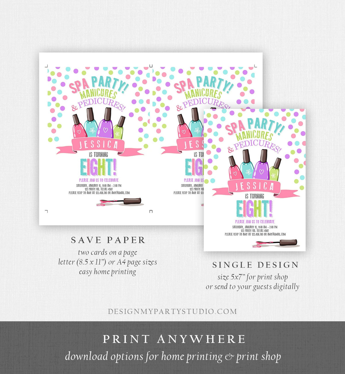 Editable Spa Birthday Invitation Manicures Pedicure Nail Salon Party Pink Purple Girl Instant Download Printable Corjl Template Digital 0210
