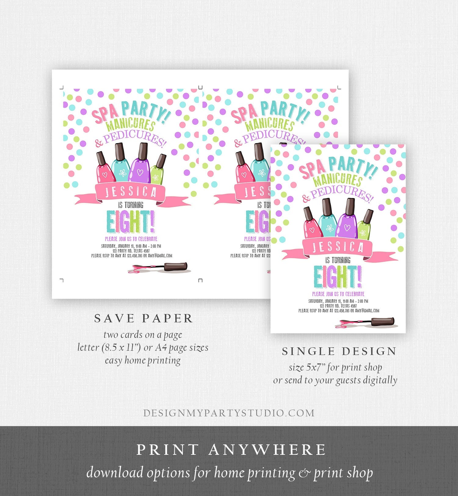 Editable Spa Birthday Invitation Manicures Pedicure Nail Salon Party Pink Purple Girl Instant Download Printable Corjl Template Digital 0210