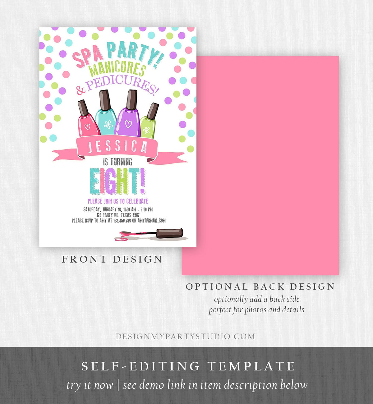 Editable Spa Birthday Invitation Manicures Pedicure Nail Salon Party Pink Purple Girl Instant Download Printable Corjl Template Digital 0210