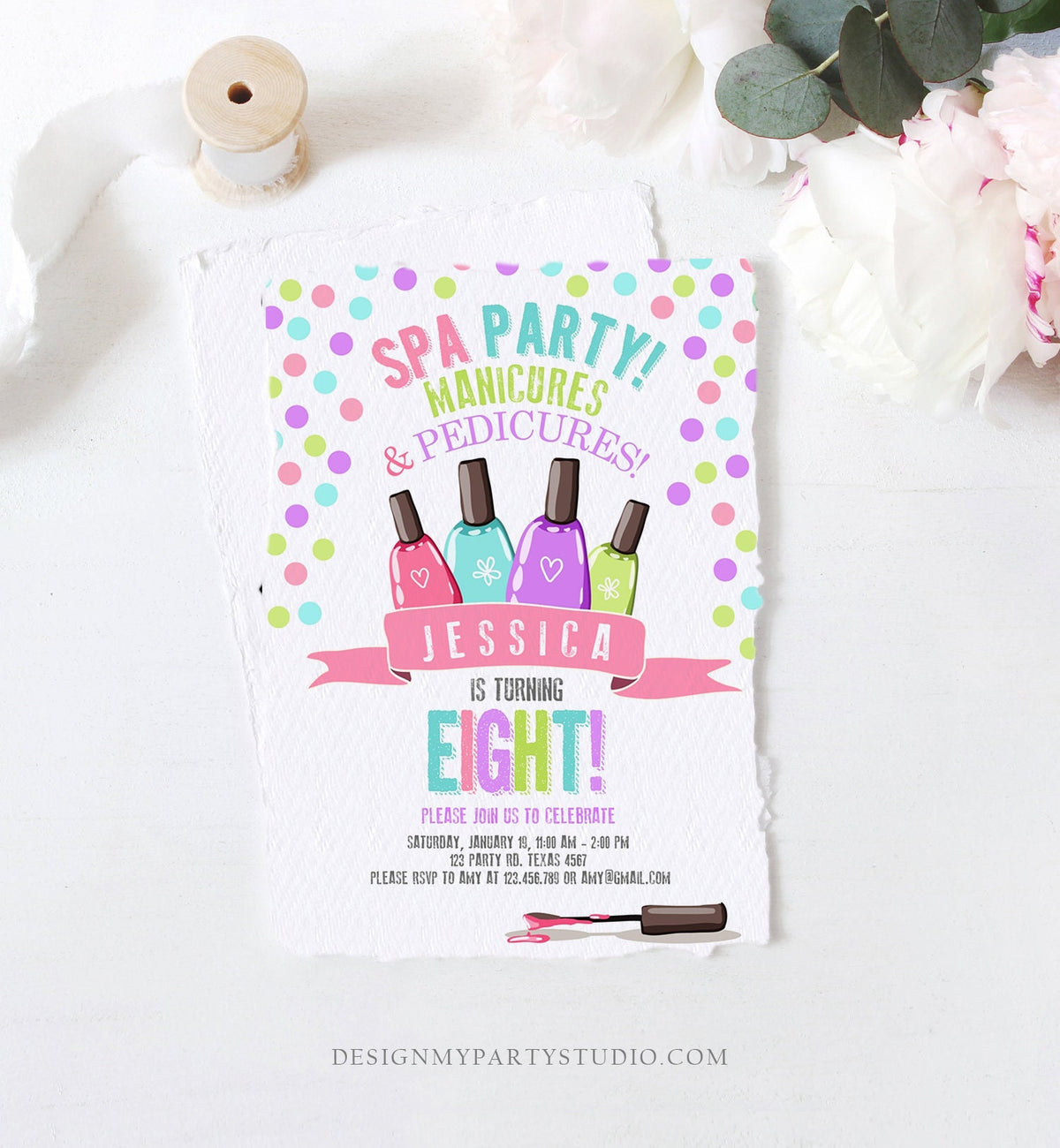 Editable Spa Birthday Invitation Manicures Pedicure Nail Salon Party Pink Purple Girl Instant Download Printable Corjl Template Digital 0210
