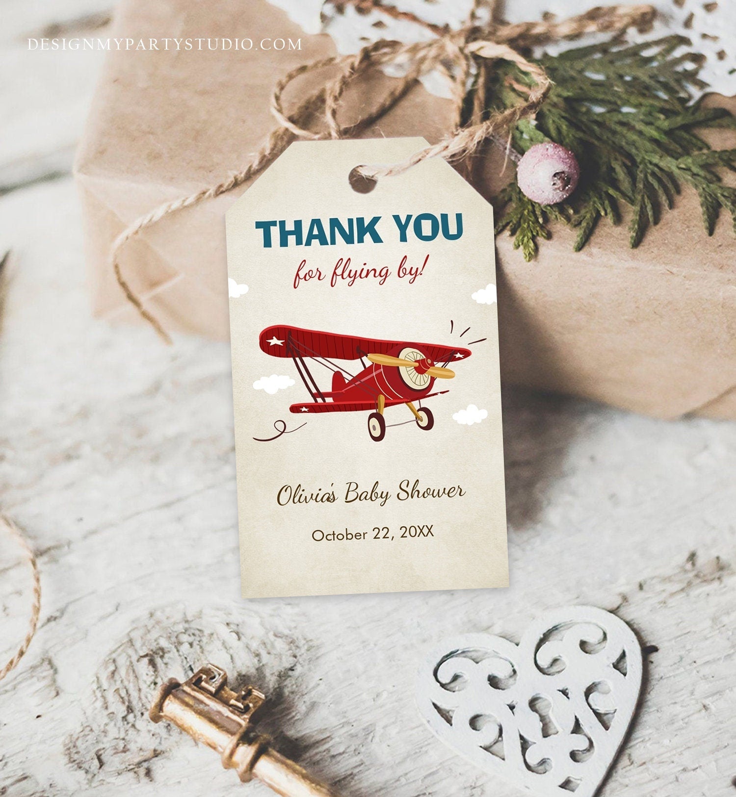 Editable Vintage Airplane Favor Tag Baby Shower Birthday Thank You Flying By Gift Tag Label Red Blue Boy Digital Template Printable 0011