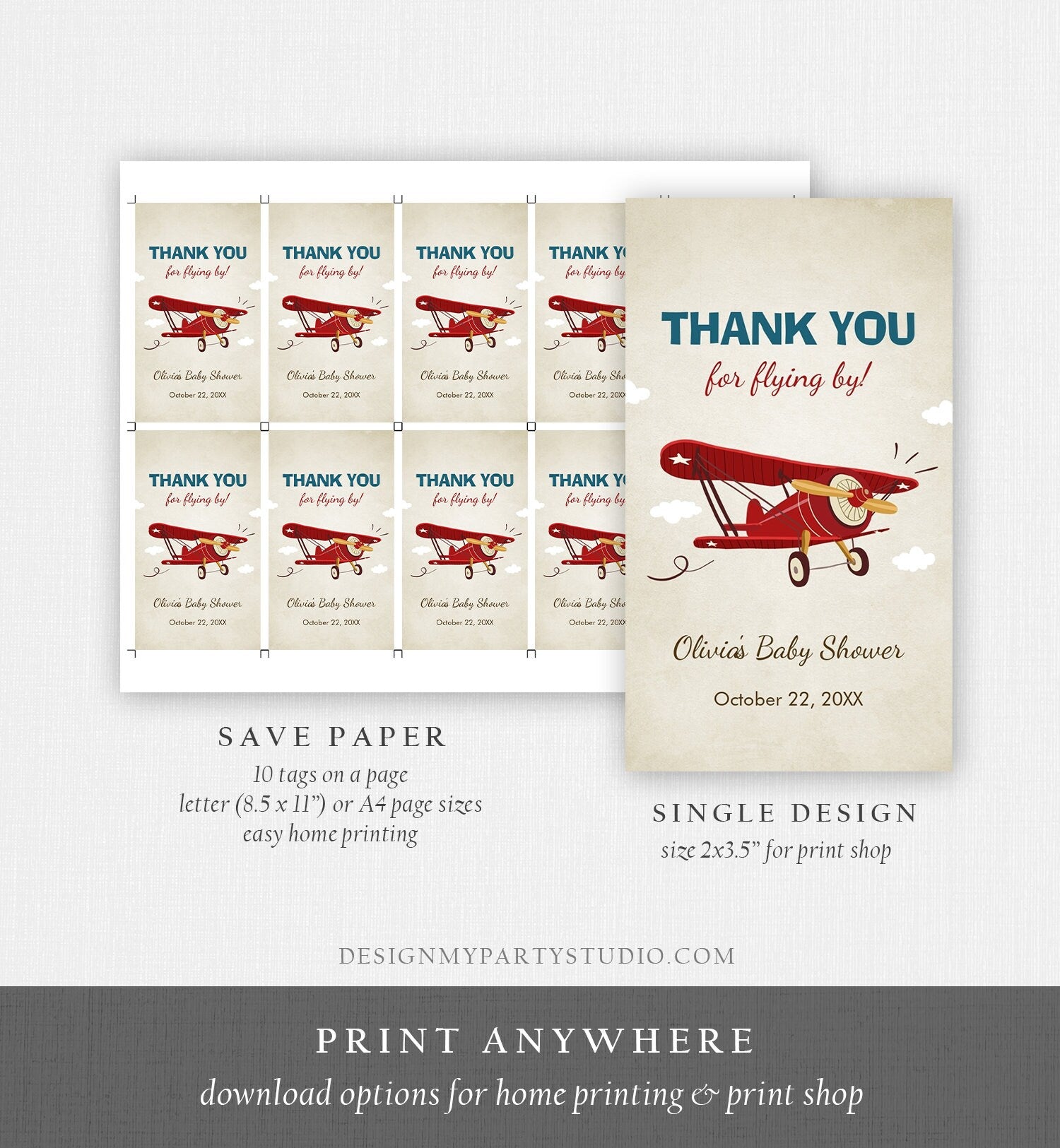 Editable Vintage Airplane Favor Tag Baby Shower Birthday Thank You Flying By Gift Tag Label Red Blue Boy Digital Template Printable 0011