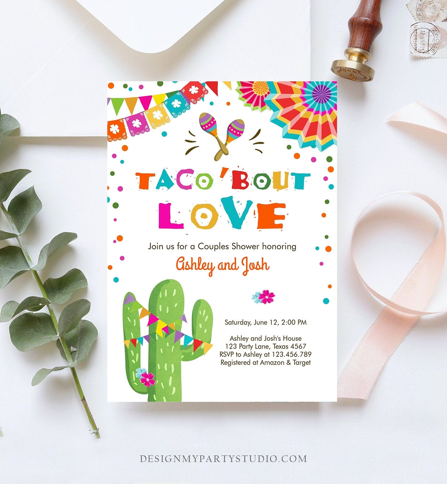 Editable Taco Bout Love Fiesta Couples Shower Invitation Coed Joined Cactus Mexican Instant Digital Download Corjl Template Printable 0045