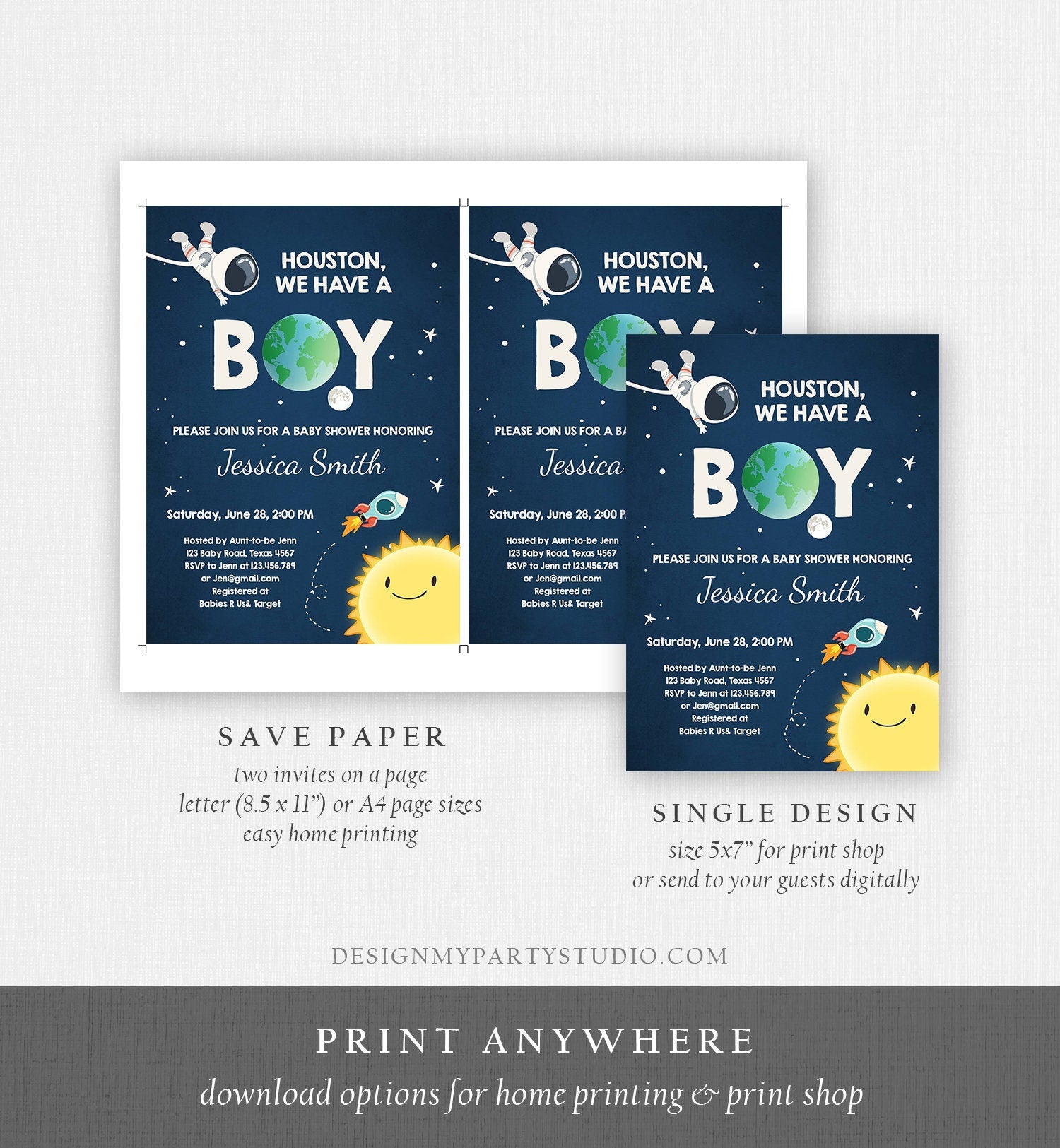 Editable Space Baby Shower Invitation Astronaut Rocket It's a Boy Space Ship Boy Blue Digital Download Template Printable 0046