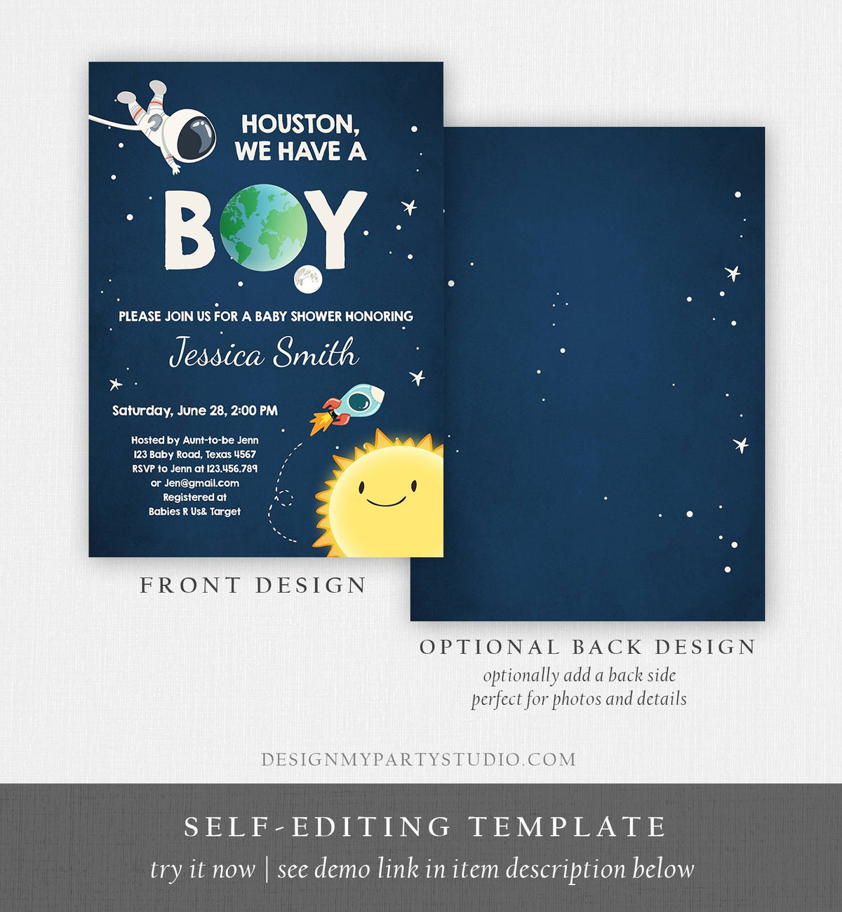 Editable Space Baby Shower Invitation Astronaut Rocket It&#39;s a Boy Space Ship Boy Blue Digital Download Template Printable 0046