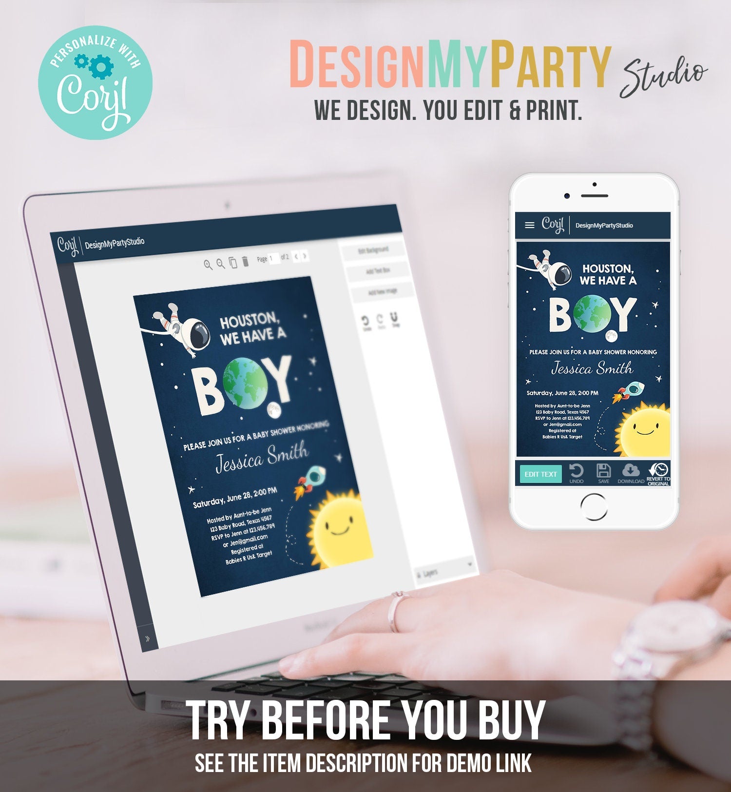 Editable Space Baby Shower Invitation Astronaut Rocket It's a Boy Space Ship Boy Blue Digital Download Template Printable 0046