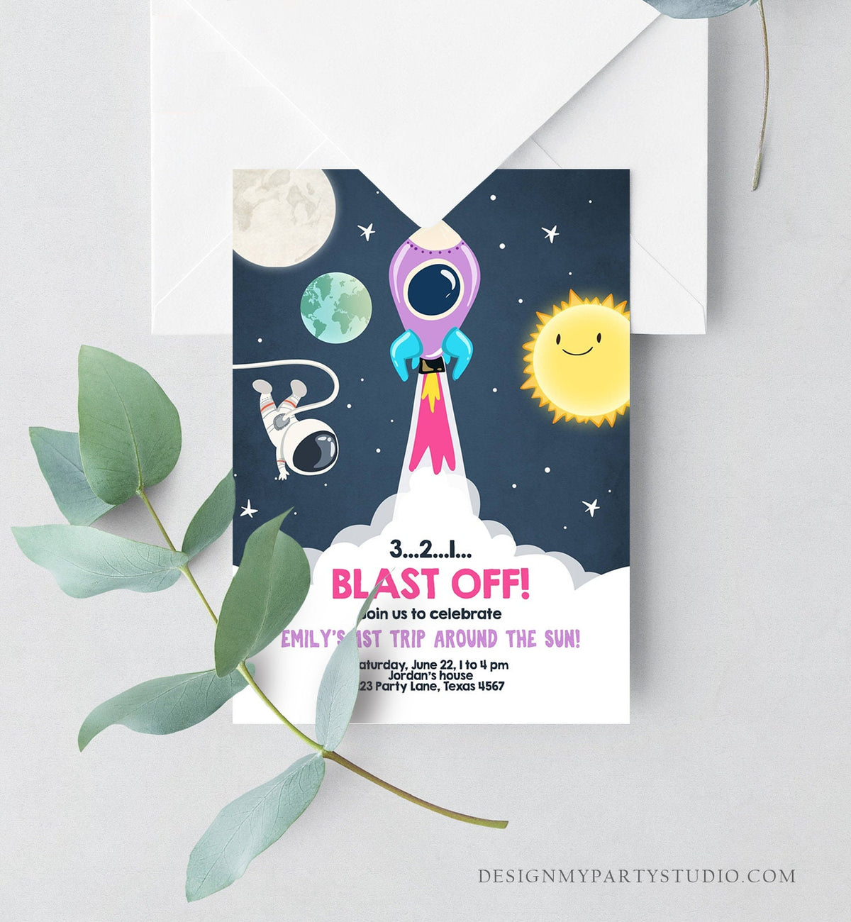 Editable Outer Space Birthday Invitation Girl Rocket Astronaut Space Ship Blast Off Download Printable Template Digital Corjl 0046