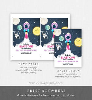 Editable Outer Space Birthday Invitation Girl Rocket Astronaut Space Ship Blast Off Download Printable Template Digital Corjl 0046