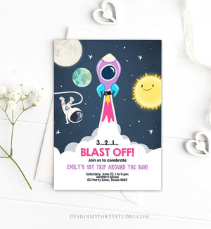 Editable Outer Space Birthday Invitation Girl Rocket Astronaut Space Ship Blast Off Download Printable Template Digital Corjl 0046
