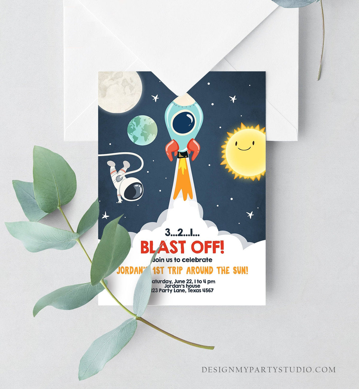 Editable Outer Space Birthday Invitation Rocket Astronaut Birthday Space Ship Blast Off Digital Download Evite Template Printable 0046
