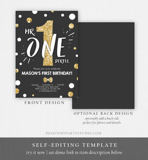Editable Mr Onederful Birthday Invitation Black Gold Glitter Boy Bow Tie Confetti First Birthday 1st Printable Corjl Template Digital 0072