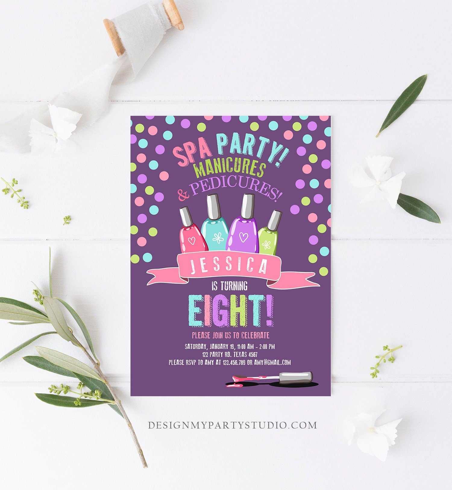 Editable Spa Birthday Invitation Manicures Pedicure Nail Salon Party Purple Polish Posh Girl Digital Download Template Printable 0210