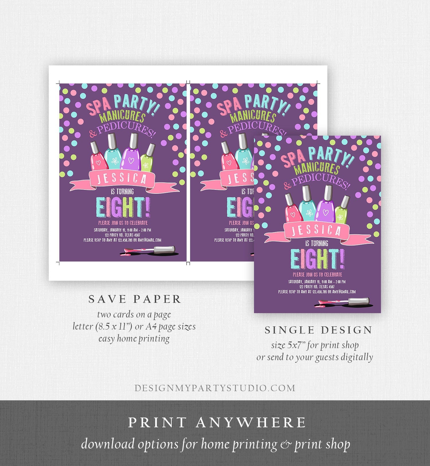 Editable Spa Birthday Invitation Manicures Pedicure Nail Salon Party Purple Polish Posh Girl Digital Download Template Printable 0210