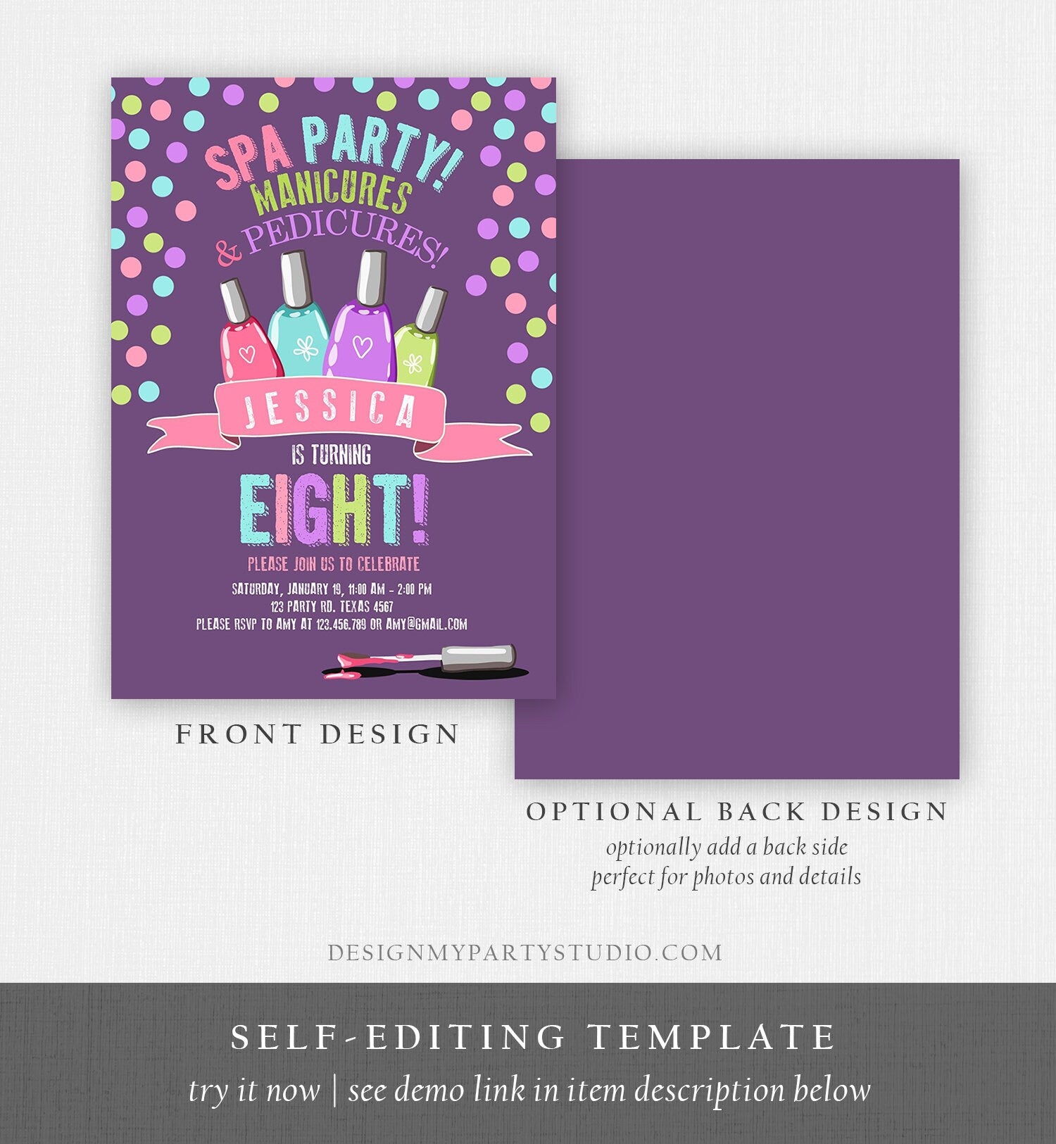 Editable Spa Birthday Invitation Manicures Pedicure Nail Salon Party Purple Polish Posh Girl Digital Download Template Printable 0210