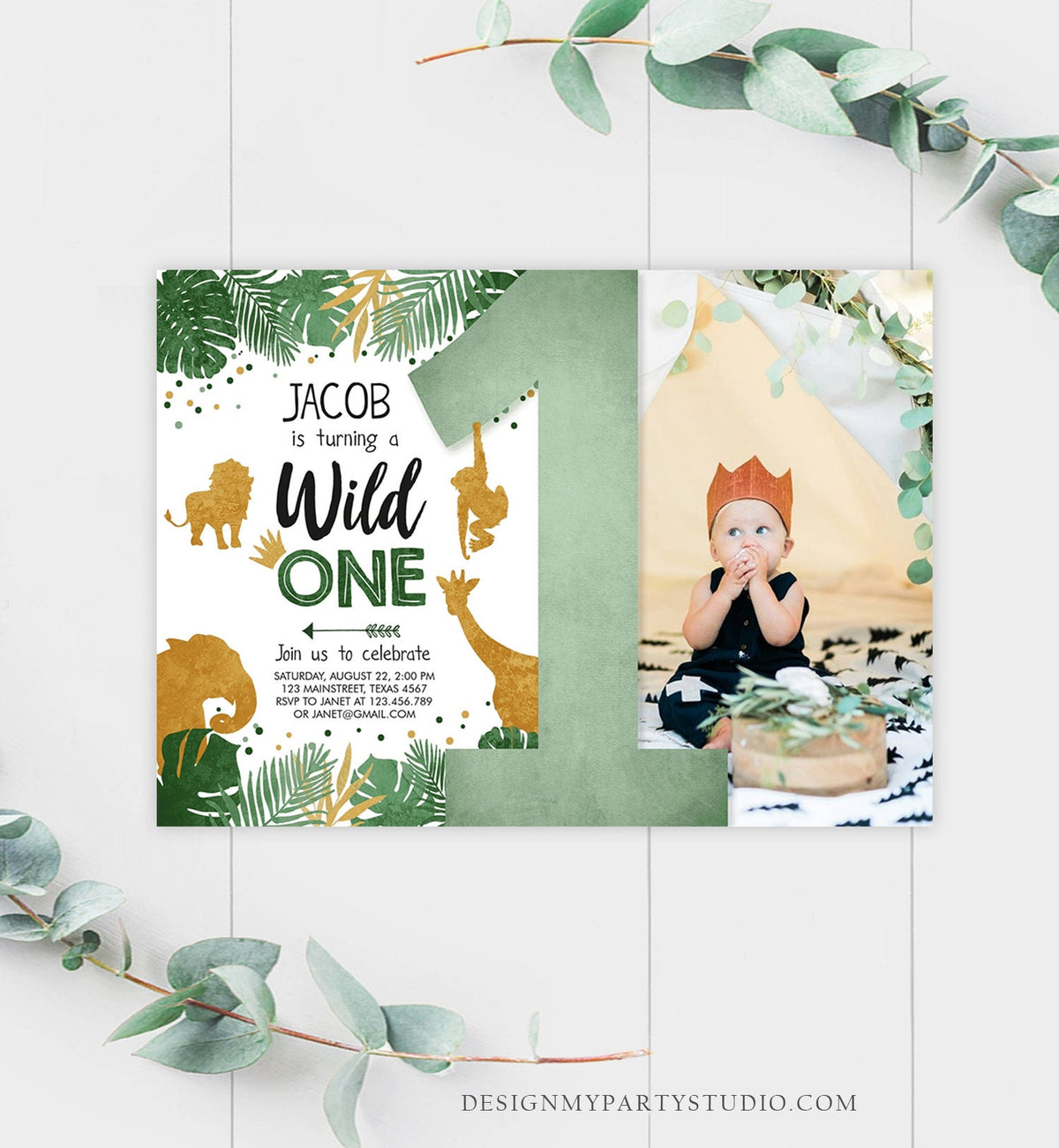 Editable Wild One Birthday Invitation Safari Animals Green Gold Jungle Zoo Party Animals First Birthday 1st Digital Template Printable 0016