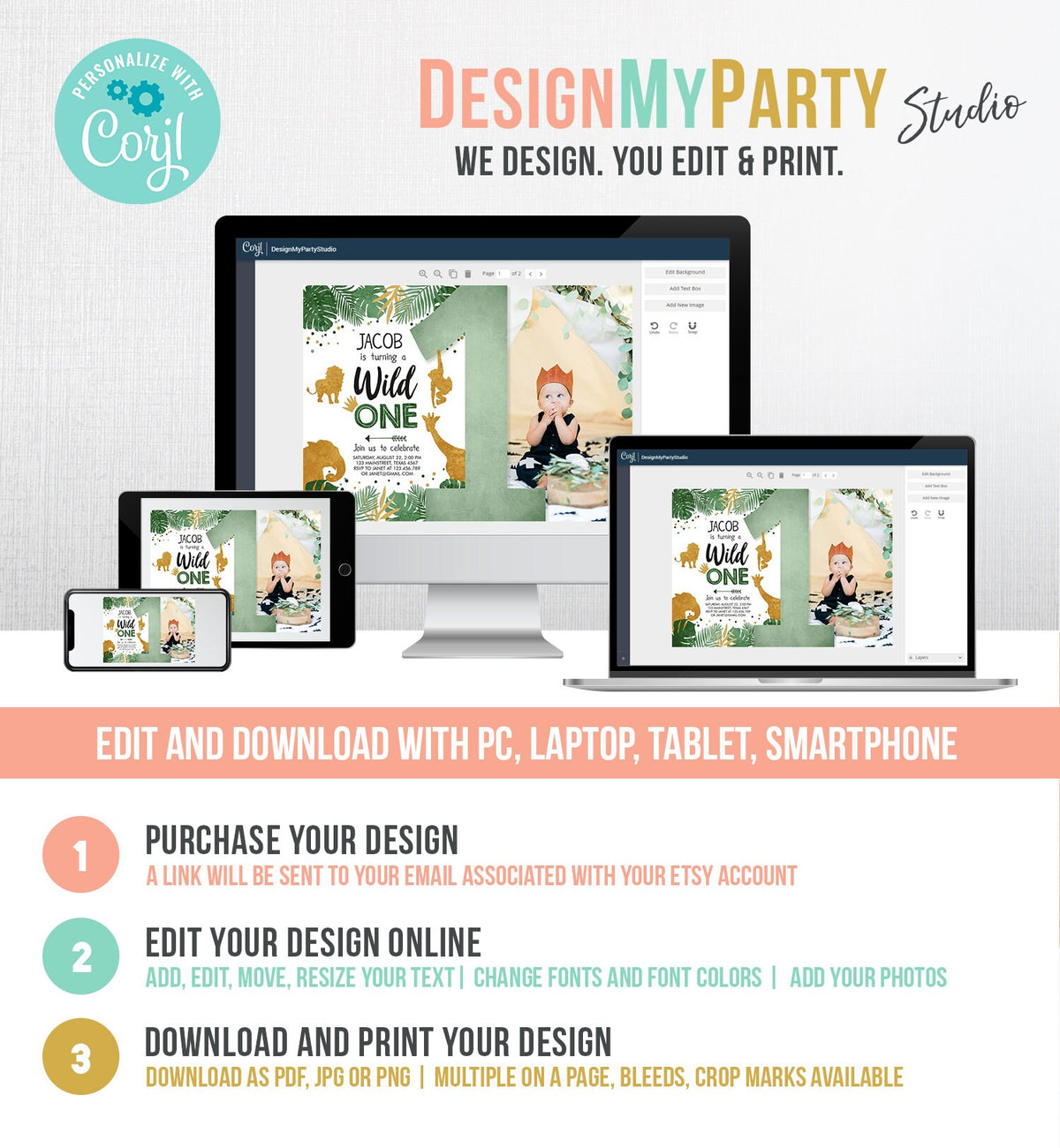 Editable Wild One Birthday Invitation Safari Animals Green Gold Jungle Zoo Party Animals First Birthday 1st Digital Template Printable 0016