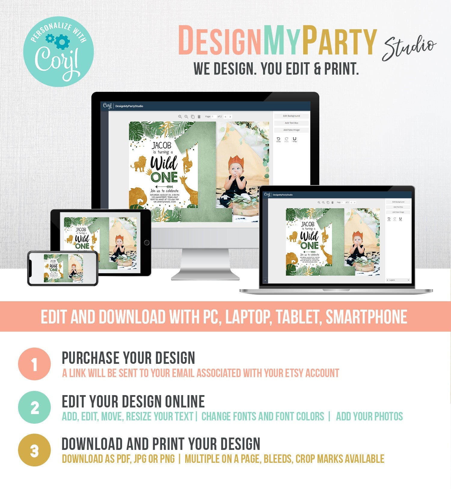 Editable Wild One Birthday Invitation Safari Animals Green Gold Jungle Zoo Party Animals First Birthday 1st Digital Template Printable 0016