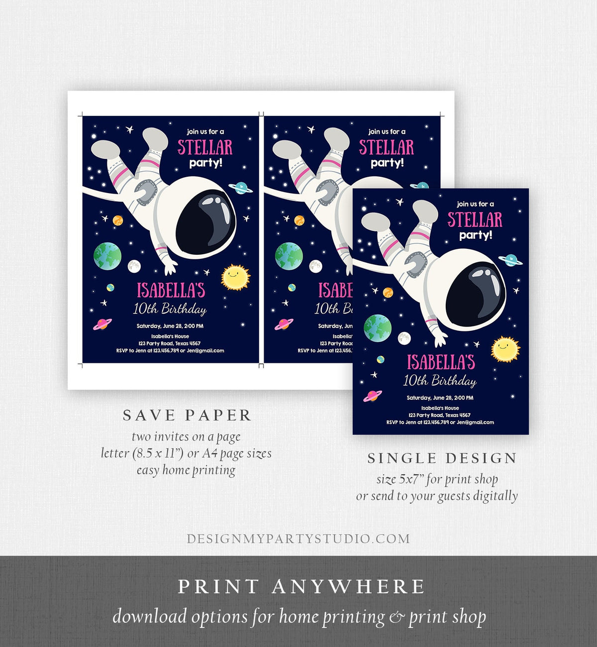 Editable Girl Space Birthday Party Invitation Outer Space Galaxy Planets and Stars Girly Digital Download Evite Template Printable 0259